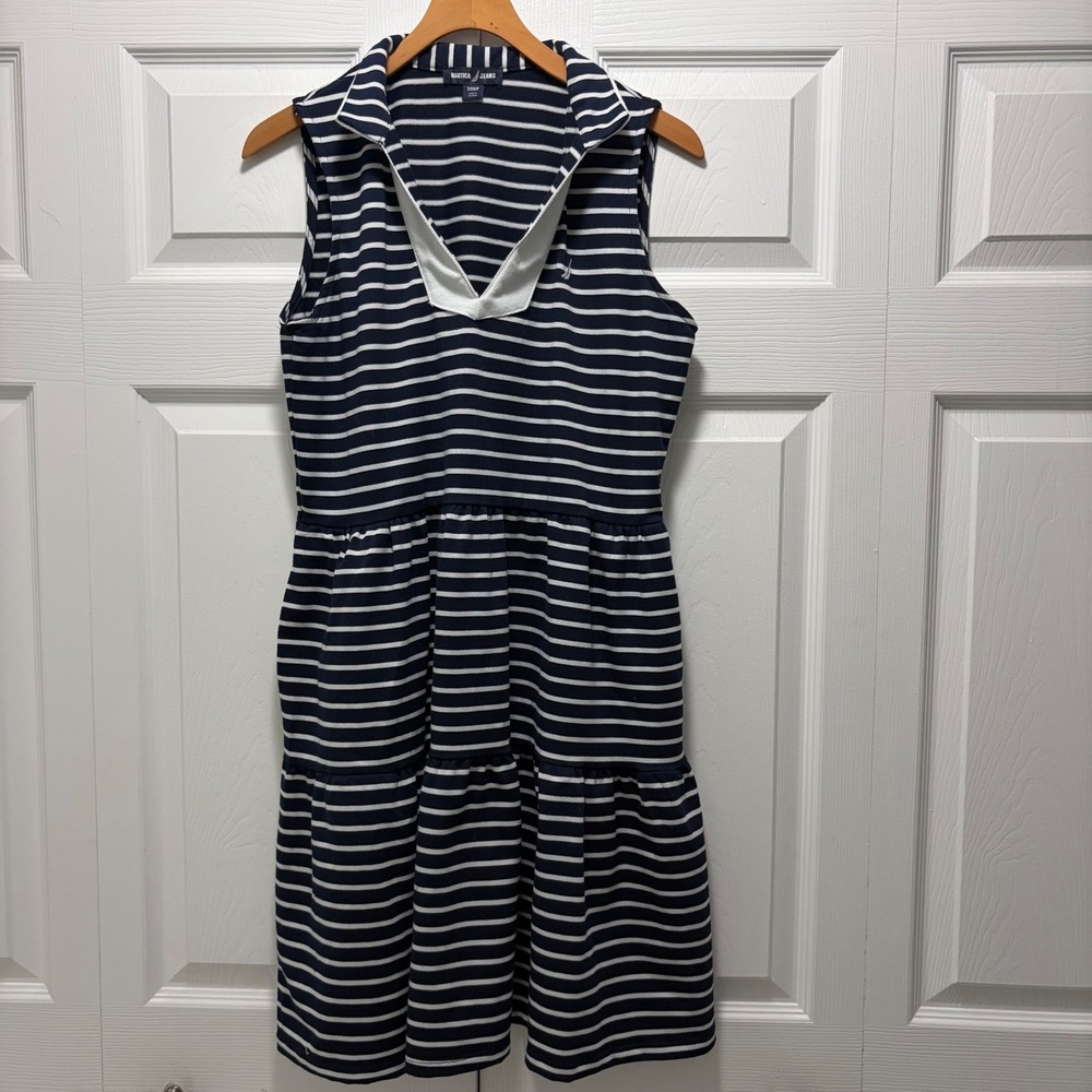 Nautica Jeans Womens Navy Blue White Striped Sleeveless Tiered Knit‎ Dress Small